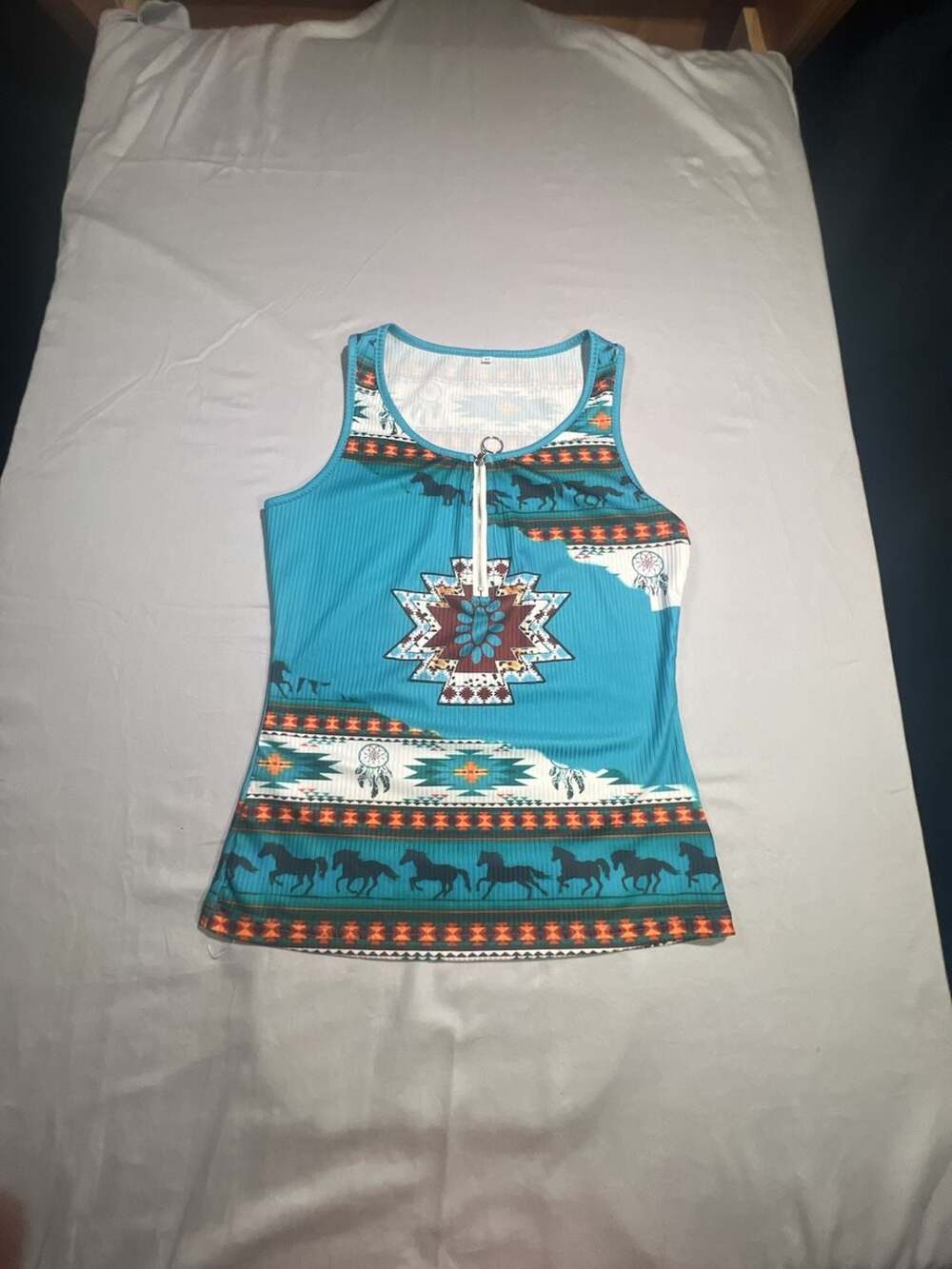 Turquoise Aztec Western Print Zipper-Front Tank Top